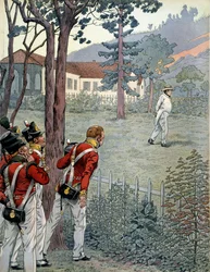 Napoleon I Bonaparte (1769-1821) pod zdumionym spojrzeniem armii brytyjskiej w niewoli na wyspie Świętej Heleny (Sainte-Helene)