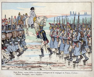 Napoleon patrzy na ostatni kontyngent armii na francuskiej wsi w pobliżu Reims, 16 marca