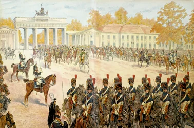 27 października 1806 Napoleon I Bonaparte (1769-1821) wraz ze swoją armią wkroczył do Berlina. W „”Napoleonie”” Georgesa Montorgueila. Ilustracja Jacques Marie Gaston Onfray de Breville dit JOB (1858-1931)