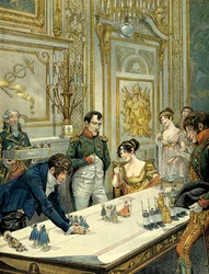 Próba pochodu podczas koronacji prowadzona przez malarza Isabeya (1767-1855) w obecności Józefiny de Beauharnais (1763-1814) i Napoleona I Bonapartego (1769-1821) w pałacu Fontainebleau. Ilustracja Jacques