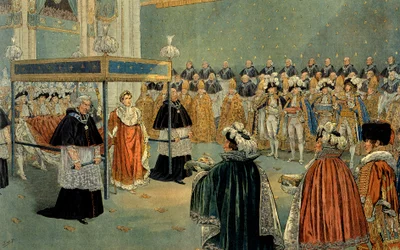 Przedstawienie koronacji Napoleona I (1769-1821) w katedrze Notre-Dame w Paryżu 02/12/1804. Ilustracja Jacques