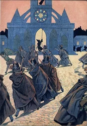 Scena historii Francji w zabawkach: La Saint Barthelemy (Saint-Barthelemy). Mnich dzwoni do kościoła Saint Germain l
