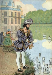 Scena historii Francji w zabawkach: król Francji Franciszek I (1494-1547) daje chleb rybom z parku Fontainebleau. W „” Joujoux a l