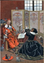 Scena historii Francji w zabawkach: kobieta błagająca o przebaczenie kardynała Richelieu (1585-1642) w otoczeniu kotów. W „” Joujoux a l