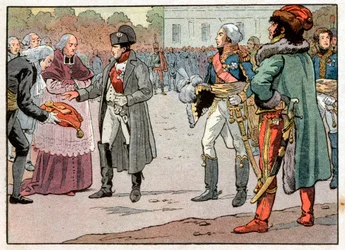 Obrońcy Wiednia przekazali klucze miasta Napoleonowi I Bonaparte (1769-1821) w obecności Joachima Murata (1767-1815) w dniu 14.11.1805. Grawerowanie: Jacques Marie Gaston Onfray de Breville dit Job (1858-1931)