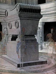 Grób cesarza Napoleona I Bonaparte (1769-1821) u Inwalidów ze strażnikami duchów. W „”Napoleonie”” Georgesa Montorgueila. Ilustracja Jacques Marie Gaston Onfray de Breville dit JOB (1858-1931)