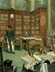 Gabinet roboczy Napoleona I Bonapartego (1769-1821) na pierwszym piętrze Palais des Tuileries, gdy był pierwszym konsulem. Biurko z biblioteką i zegarem wykonane z drewna. Ilustracja Jacquesa Marie Gastona Onfraya de Breville, zwanego JOB (1858-1931).