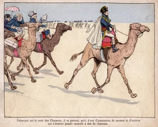Napoleon debarque sur la terre des Pharaohs - NAPOLEON W EGIPCIE - Podczas wyprawy egipskiej towarzyszą mu uczeni, z którymi odwiedza stanowiska archeologiczne - litografia Hioba