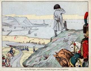 Projekt ataku na Anglię armii angielskiej dowodzonej przez Napoleona z obozu Boulogne-sur-Mer w marcu 1803 r. - litografia Hioba