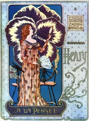 Art Nouveau: plakat reklamowy sklepu kosmetycznego „Henry a la Thought” w Paryżu. Młoda kobieta podziwia siebie w lustrze, za nią kwiat myśli. Ilustracja L. Trianona