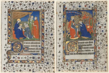 Bifolium z godzinek: Pokłon Trzech Króli i Koronacja Matki Boskiej