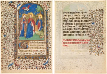 Kartka z Księgi Godzin: św. Geneviève, Katarzyna Aleksandryjska i Małgorzata (recto) i tekst (verso)